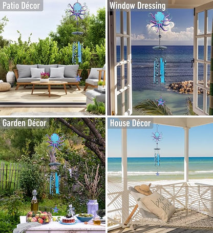 CoTa Global Octopus Wind Chime - Handmade Glass and Metal Chime - Ocean Life Hanging Decor - Colorful Home Decor Gift, Indoor and Outdoor Hanging Decoration for Porch, Patio and Garden – 27.5 Inches