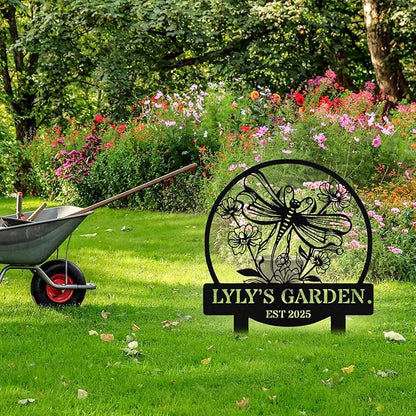 Personalized Metal Dragonfly Garden Signs with Stake, Custom Garden Signs for Outside Waterproof, Customized Name Sign Yard Lawn Gardens Decor Gardening Gifts for Moms Grandmas Gardeners