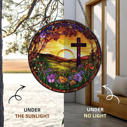 Cross Stained Glass Window Hanging, Christian Cross Wildflower Sunshine Landscape Suncatcher, Easter Sun Catchers Indoor Window Round Glass Wall Art Hanging Decorations, 7.9x7.9in