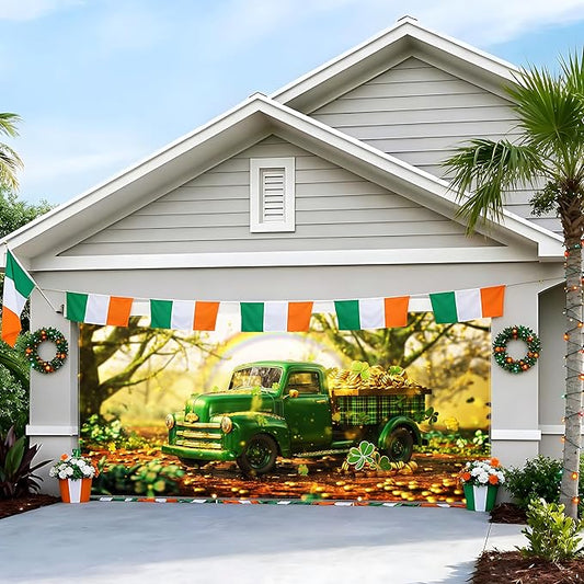 St Patricks Day Garage Door Banner 157.5x70.9in Large Garage Door Cover Outdoor Decorations Green Truck Shamrock Holiday Backdrop with 8 Grommets & 393.7in Rope