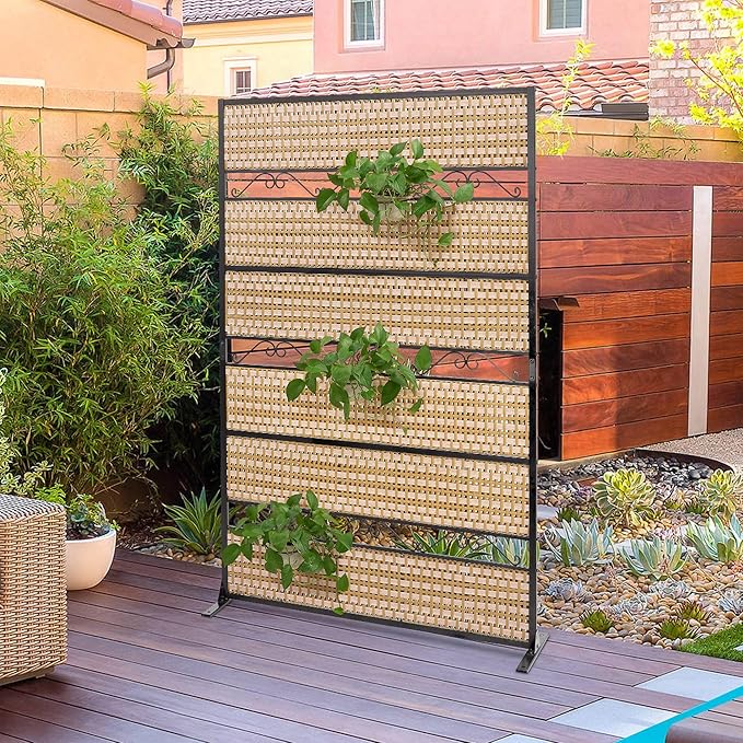 73" H×45" W Rattan Outdoor Privacy Screen Freestanding for Patio, Balcony Metal Privacy Screen and Room Divider for Garden, Apartment, Deck(Beige, 1 Panel)