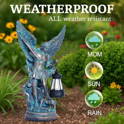 Solar San Miguel Arcangel Outdoor Garden Decor Statues 12.4" Solar St Michael the Archangel Satue for Yard Patio Lawn Porch Decorations Resin St Michael Figurine Religious Collection Sculptures Gifts