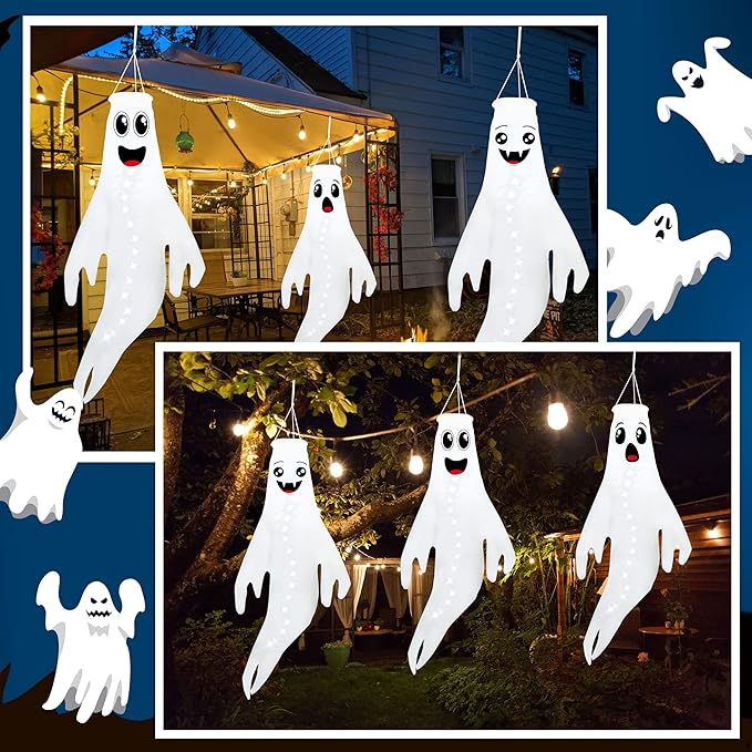 3PCS White Halloween Cute Ghost Windsocks Hanging Decorations - 43 Inch Flag Wind Socks for Home Yard Outdoor Decor Party Supplies (Batteries Not Included,No Timer)