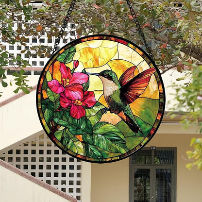 Stained Glass Suncatcher, Hummingbird Red Flowers Green Leaves Sun Catcher Stain Glass Window Hanging Decoration Mother's Day Birthday Gifts for Bird Lover Women Men Mom Nana 11.8 in