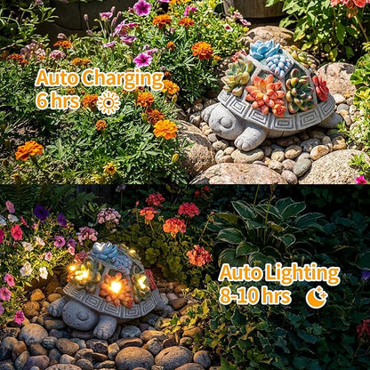 Solar Turtle Garden Outdoor Decor with Succulent & 7 LED Lights – Outside Tortoise Statue Decor for Yard Patio Balcony & Backyard - Home House Decoration Art- Gift for Women Mom & Grandma