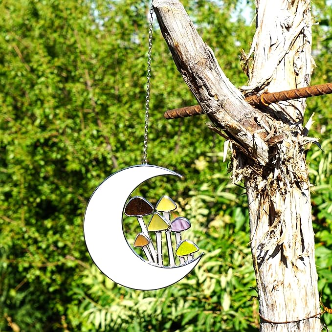 Sensory4U Stained Glass Mushroom Moon Suncatcher – 5.5" Hanging Window Decor – Earth Tone Crescent Moon with Mushrooms – Garden Ornament or Home Wall Art for Natural Light Reflection