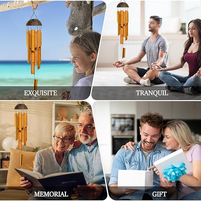 Bamboo Wind Chimes 38" 6 Pipes, Handcrafted Wooden Wind Chime Bring a Unique and Soothing Melody, Wind Chimes for Outdoor and Indoor Decor, for Sympathy, Memorial