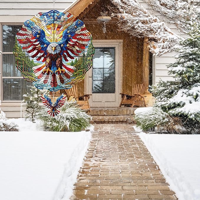 Hanging Wind Spinners Outdoor, 3D Kinetic Metal Wind Spinner with American Flag Bald Eagle Design for Garden Yard Decor, Patriotic Themed Gifts for Men Women Veterans