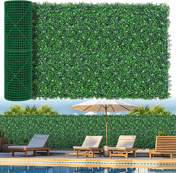Grooy Artificial Boxwood Roll Panels with Flowers,40"x 120"(33.33 sq.ft) UV-Anti Faux Ivy Leaves Privacy Fence Screen Grass Wall Roll Panels for Indoor Home Decor and Outdoor Garden Backyard