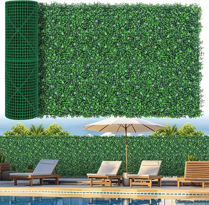 Grooy Artificial Boxwood Roll Panels with Flowers,40"x 120"(33.33 sq.ft) UV-Anti Faux Ivy Leaves Privacy Fence Screen Grass Wall Roll Panels for Indoor Home Decor and Outdoor Garden Backyard