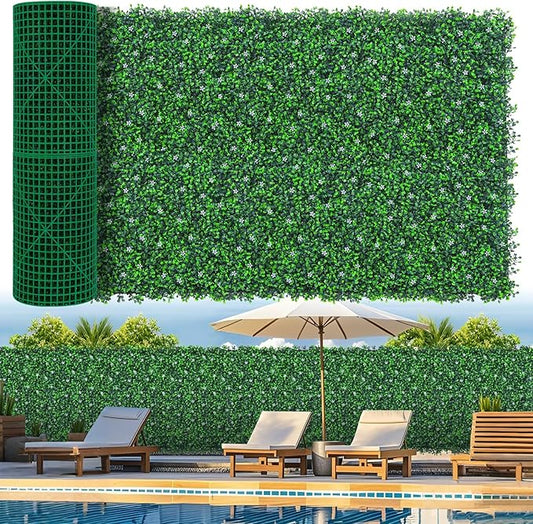 Grooy Artificial Boxwood Roll Panels with Flowers,40"x 120"(33.33 sq.ft) UV-Anti Faux Ivy Leaves Privacy Fence Screen Grass Wall Roll Panels for Indoor Home Decor and Outdoor Garden Backyard