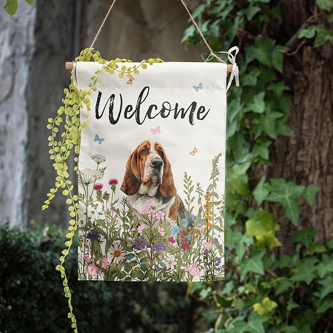 Spring Summer Garden Flag Floral Basset Hound Yard Flag Flower Dog Garden Flags for Outside Small Outdoor Welcome Flags 12x18 Double Sided