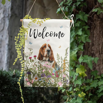 Spring Summer Garden Flag Floral Basset Hound Yard Flag Flower Dog Garden Flags for Outside Small Outdoor Welcome Flags 12x18 Double Sided