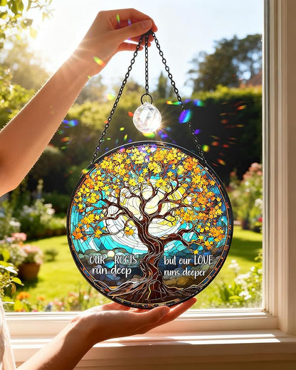 Tree of Life Stained Glass Window Hanging Family Tree Suncatcher for Door Home Decor Desk Decorations Gifts for Women (Glass-Roots Deep, 7.8x7.8 in)