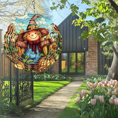 Pumpkin Scarecrow Wind Spinners Outdoor, Hanging Wind Spinner for Garden Decoration, 8 inch 3D Stainless Steel Metal Wind Sculpture for Indoor/Outdoor Decor