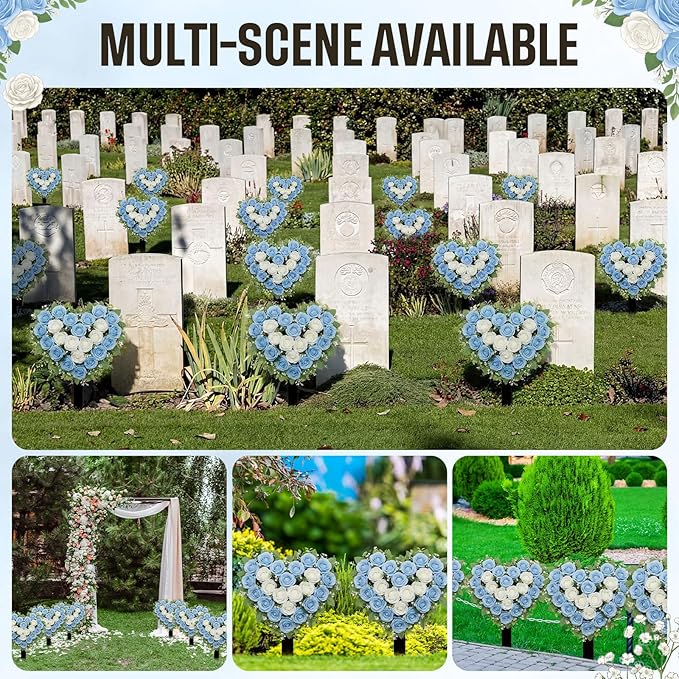 Frienda 2 Sets Cemetery Flowers Grave Stake Metal Floral Decor for Tombstone, Outdoor Gravesite Markers for Mom Dad, Memorial Day Spring Easter Grave Decor(Heart,Blue,White)