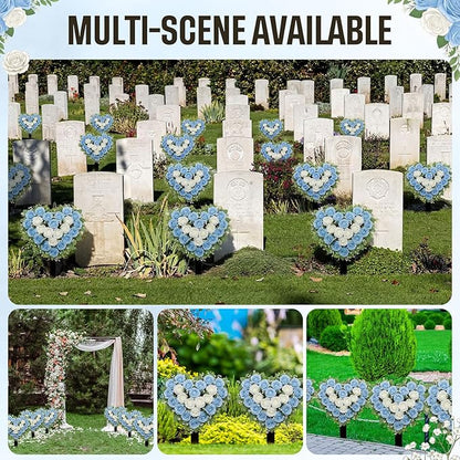 Frienda 2 Sets Cemetery Flowers Grave Stake Metal Floral Decor for Tombstone, Outdoor Gravesite Markers for Mom Dad, Memorial Day Spring Easter Grave Decor(Heart,Blue,White)