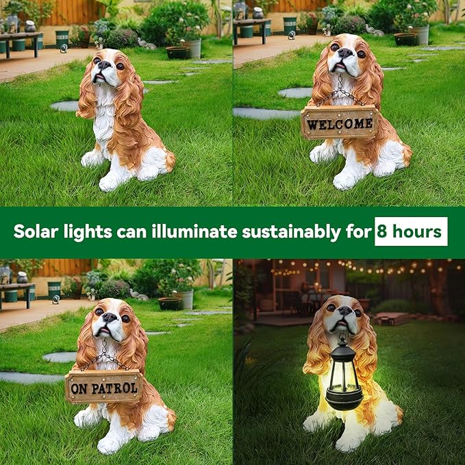 Cavalier King Charles Spaniel Dog Garden Statue with Solar Lantern, Lifelike Outdoor Puppy Sculpture with Interchangeable Welcome & On Patrol Sign, Resin Yard Art Decor for Patio Lawn Porch
