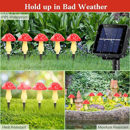 ReyeeInc Mushroom Solar Lights Outdoor Waterproof, Whimsical and Cute Solar Mushrooms Stake Lights for Outside with 8 Lights and 8 Modes for Fariy Garden Yard Lawn Path Planter Flower Bed Decor (Red)