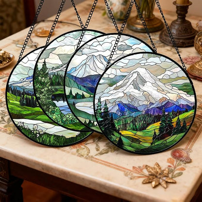 DASTOLL Stained Glass Window Hanging 4 Pcs Set Mountains Lake Green White Landscape 9.8" - Suncatcher Door Garden Sun Catcher Decor Birthday Christmas for Mom Woman Nana Men