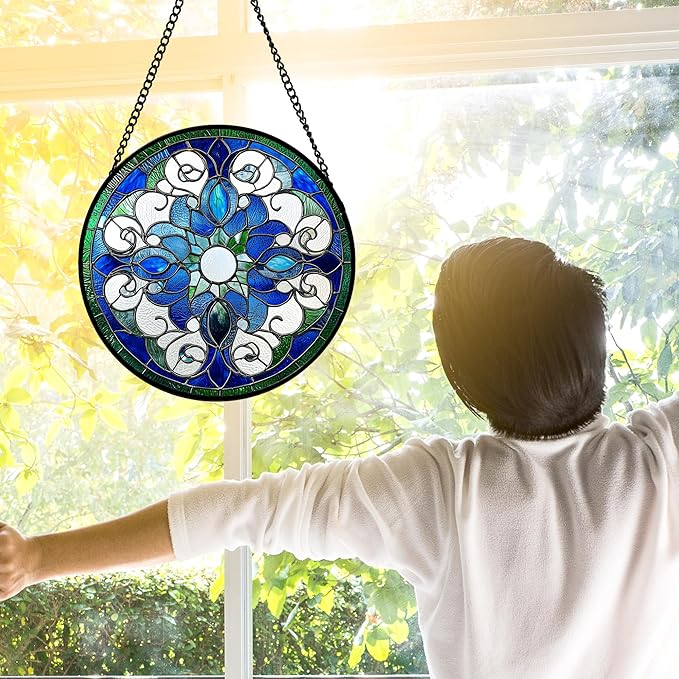 DASTOLL Stained Glass Window Hanging, Boho Style Sun Catchers Diamond Glass Panel Hangings Tiffany Suncatcher Decor for Birthday for Women, Men, Wife, Aunt, and Mom 9.8 in