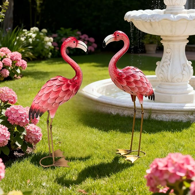 Ratuor Metal Flamingo Yard Decor Garden Statues,Outdoor Pink Flamingo for Backyard Patio Porch Decoration,Valentine's Day,Wedding,Party,Lawn Decorations (2)