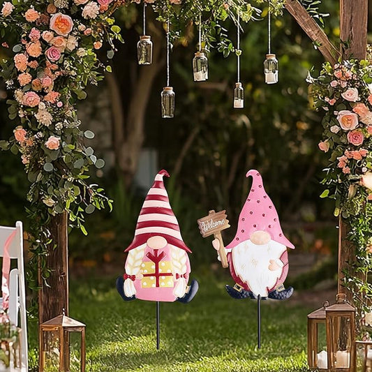 TERESA'S COLLECTIONS Valentines Decorations Outdoor for Home, 2Pcs Metal Gnomes Decor Garden Stakes, Valentine Yard Stakes Gifts for Her Him, Welcome Yard Signs for Outside Lawn Porch Patio, 23"