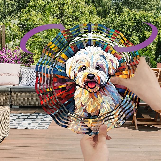 Maltese Dog Wind Spinner Pet Dog Memorial Gifts, Vibrant 3D Kinetic Aluminum Metal Yard Art, Loss of Dogs Sympathy Gifts, Hanging Outdoor Garden Decor, 8" Wind Sculptures for Patio, Porch (Maltese4)