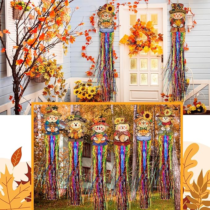 DoubleFill 8 Pcs Thanksgiving Scarecrow Outdoor Hanging Decorations with Tassels Fall Scarecrow Decor Autumn Harvest Yard Signs for Farmhouse Festival 3.3 ft Home Lawn Yard Party Supplies Garden Decor
