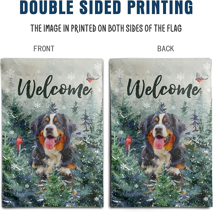 Welcome Winter Garden Flags Bernese Mountain Garden Flag Cardinal Birds on Snowy Pine Tree Flag Dog Yard Flags for Outside 12x18 Double Sided Christmas Decorative