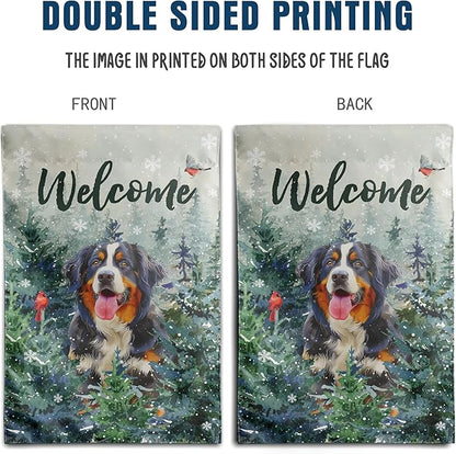 Welcome Winter Garden Flags Bernese Mountain Garden Flag Cardinal Birds on Snowy Pine Tree Flag Dog Yard Flags for Outside 12x18 Double Sided Christmas Decorative