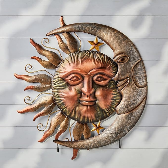 Glitzhome 36.25"H Metal Sun and Moon Yard Stake, Bronze Rustic Sun and Moon Garden Stake or Antique Wall Decor