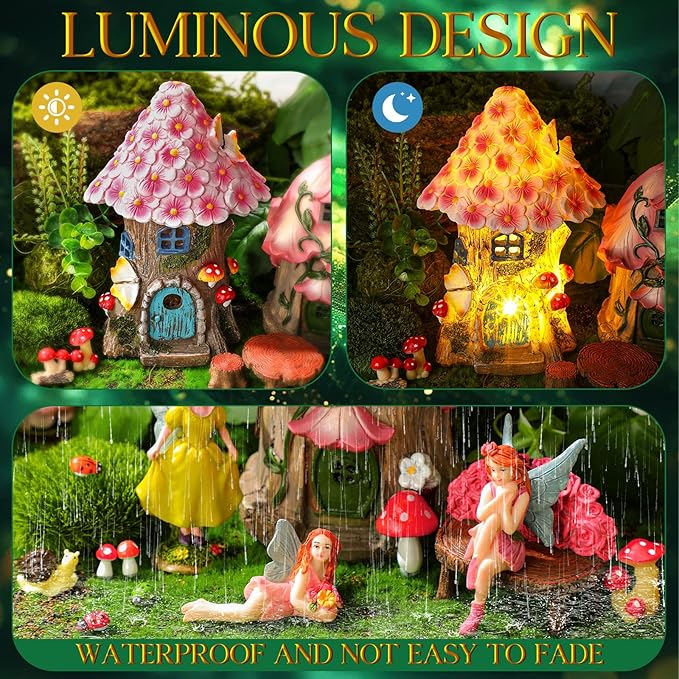 HyDren 100 Pcs Fairy House Garden Figurines Kit 8'' Solar Miniatures Light up 6.6" Fairy House Gnome Animals Doll Outdoor Resin Statues Micro Landscape Ornaments DIY Garden Decor