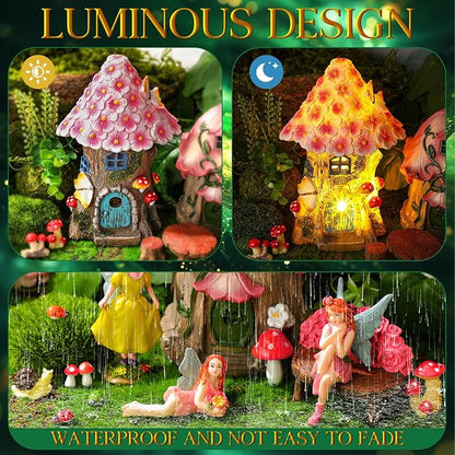 HyDren 100 Pcs Fairy House Garden Figurines Kit 8'' Solar Miniatures Light up 6.6" Fairy House Gnome Animals Doll Outdoor Resin Statues Micro Landscape Ornaments DIY Garden Decor