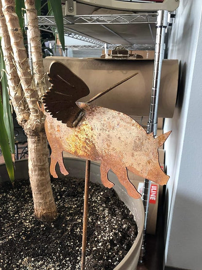 Pets and Farm Animals Metal Garden Landscape Stake (9" Wide Flying Pig on Stake, Naturally Rusted)