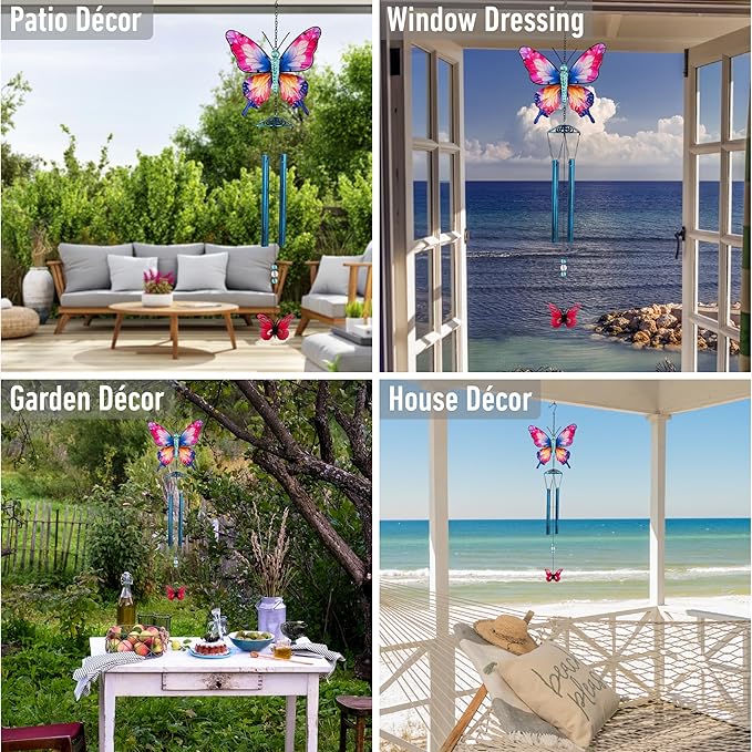 CoTa Global Magical Butterfly Wind Chime - Insect-Themed Metal Hanging Decor with Metallic Blue-Tone Tubes and Beaded Accents, Indoor Outdoor Porch Patio Garden Decoration - 32 Inches