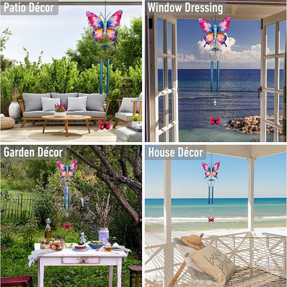 CoTa Global Magical Butterfly Wind Chime - Insect-Themed Metal Hanging Decor with Metallic Blue-Tone Tubes and Beaded Accents, Indoor Outdoor Porch Patio Garden Decoration - 32 Inches
