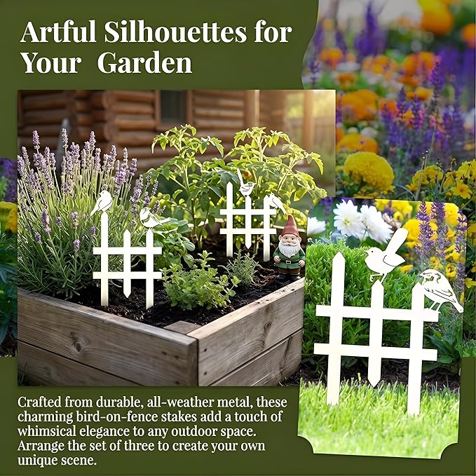 3 Pcs Small Garden Fence with 6 Pieces Birds Decoration, Metal Birds Yard Decor, Insert Lawn Picket Fence Garden Borders Decorative for Landscape Path Flowerbeds Plant Yard, Fence Decorations Outdoor