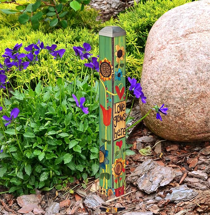 Studio M Art Pole, PVC Weather Resistant Pole with Vinyl Bowl 16 inches Tall Outdoor Decoration for Gardens, Patios, Yards, Landscaping and Birding Accessories, Love Grows Here