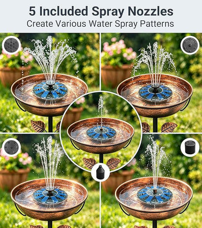 Solar Bird Bath Fountain Pump, 6V 1.2W Floating Solar Fountain, 5 Spray Patterns Water Pump for Bird Bath, Small Pond, Garden & Outdoor Water Features