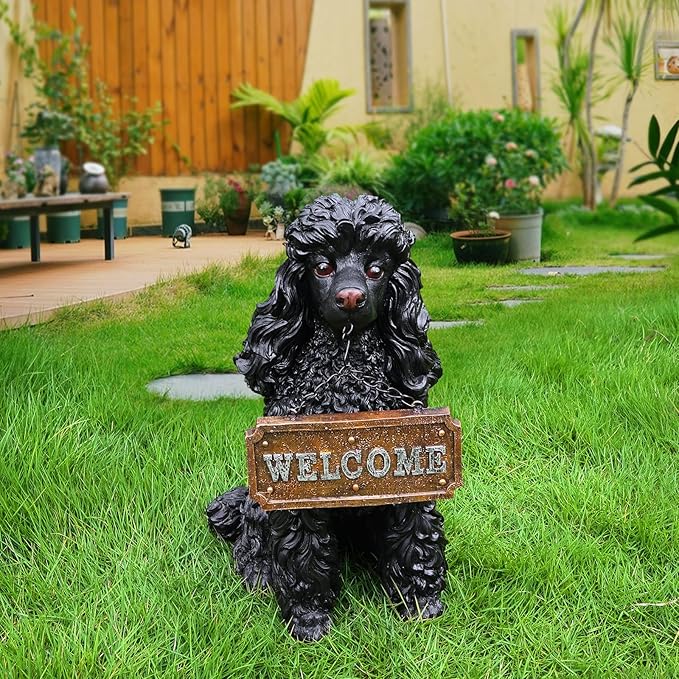 Poodle Garden Statue with Solar Lantern, Realistic Dog Sculpture, Birthday Gift for Women Mom Grandma, Housewarming Gift for New Home, Outdoor Resin Puppy Decor,Black
