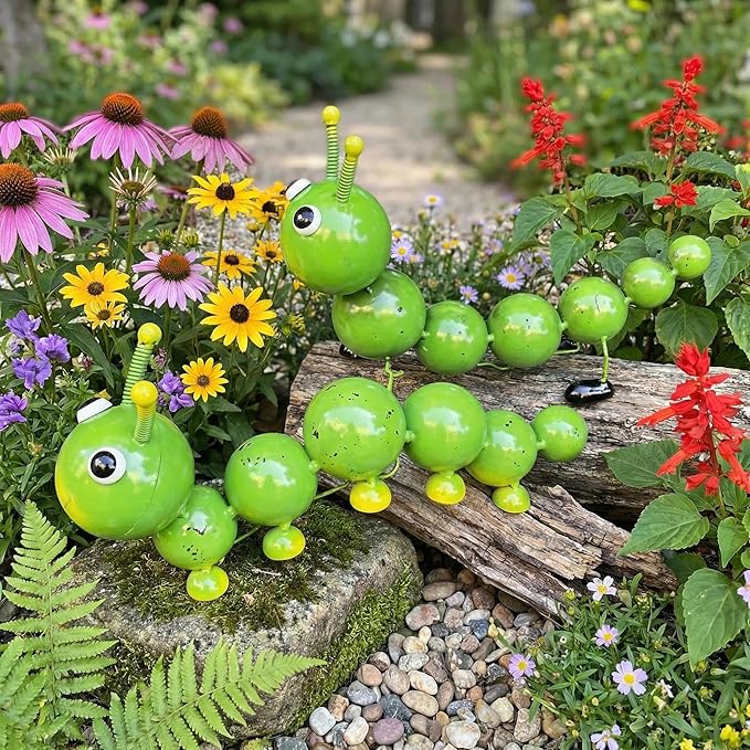2 Pack Green Metal Caterpillar Garden Statues Outdoor Art, Cute Insect Lawn Ornaments for Backyard Patio Decorations, Funny Animal Yard Decor Gifts for Women Mom