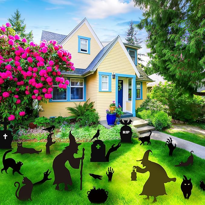 AmazingSpark 22 Pcs Halloween Decorations Outdoor Witch Silhouette Yard Signs with Stakes Black Cat Hands Tombstones Cauldron Set Corrugated Plastic Waterproof Scary Silhouette for Lawn Garden Decor