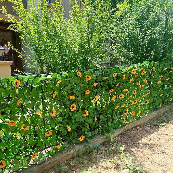 GLANT Expandable Fence Privacy Screen for Balcony Patio Outdoor,Decorative Faux Ivy Fencing Panel,Artificial Hedges (Single Sided Leaves) (4, Sunflowers)