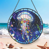 Stained Glass Window Hanging, Blue Jellyfish & Flowers Circular Painted Glass Suncatcher with Chain & Suction Cup for Home Garden Door Decor, Birthday for Women Men Mom 7.8 in