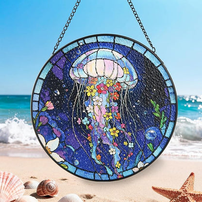 Stained Glass Window Hanging, Blue Jellyfish & Flowers Circular Painted Glass Suncatcher with Chain & Suction Cup for Home Garden Door Decor, Birthday for Women Men Mom 7.8 in