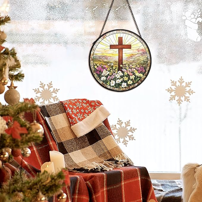 Christian Suncatcher Stained Glass Cross Window Hanging Wall Decor, Christmas Religious Gifts for Women, Easter Religious Baptism Floral Garden Lawn Sun Catchers for Window Hanging Art, 7.9x7.9