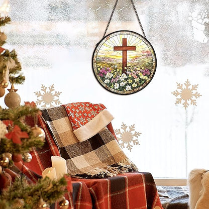 Christian Suncatcher Stained Glass Cross Window Hanging Wall Decor, Christmas Religious Gifts for Women, Easter Religious Baptism Floral Garden Lawn Sun Catchers for Window Hanging Art, 7.9x7.9