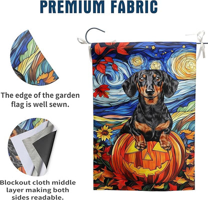 Stained Glass Dachshund Fall Garden Flag Halloween Pumpkin Yard Signs Autumn Sunflower Thanksgiving Banner for Outside 12x18 Double Sided Small Weiner Dog Outdoor Decorative