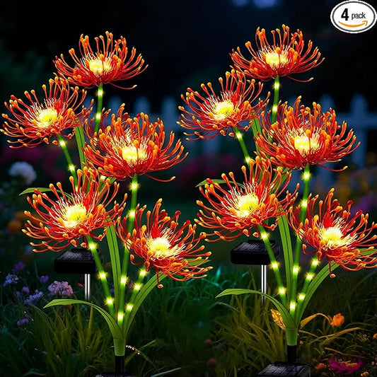 Solar Garden Flower Lights Outdoor,4 Pack Orange Spider Lily Lights with Glowing Stems,Waterproof Fall Decor Solar Yard Decor for Patio Lawn Pathway,Thanksgiving Garden Gifts for Women Mom Grandma